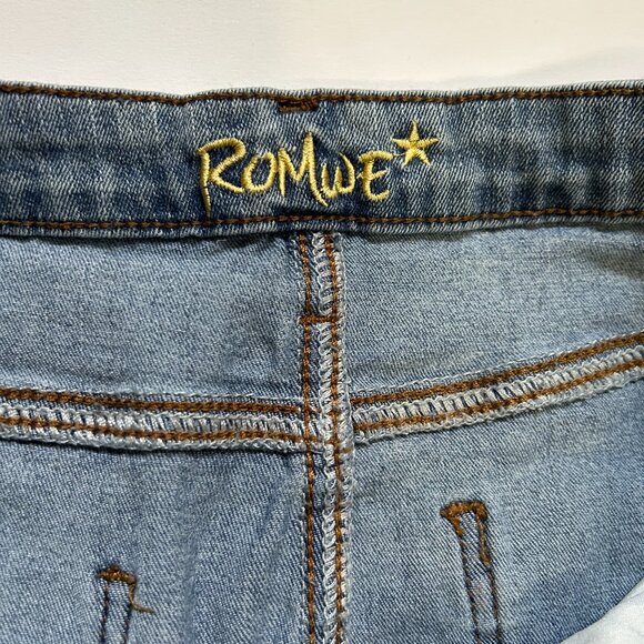 ROMWE Womens Blue Denim Jeans Embroidered Stars patchwork Size XL US 12 Casual - Picture 4 of 12